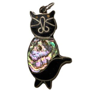 Vintage Abalone Alpaca (Mexican Silver)  and inlaid Enamel Cat Kitty Pendant